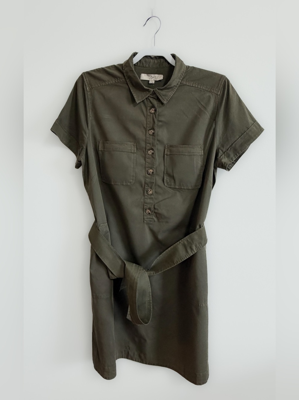 🌿 LOFT Olive Green Utility Shirt Dress Belted Button Front Women's Size L 🌿